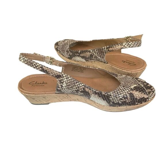 Clarks Artisan Peeptoe Slingback Cork Wedge Snakeskin Sandal Women's Size 9 - Picture 9 of 11